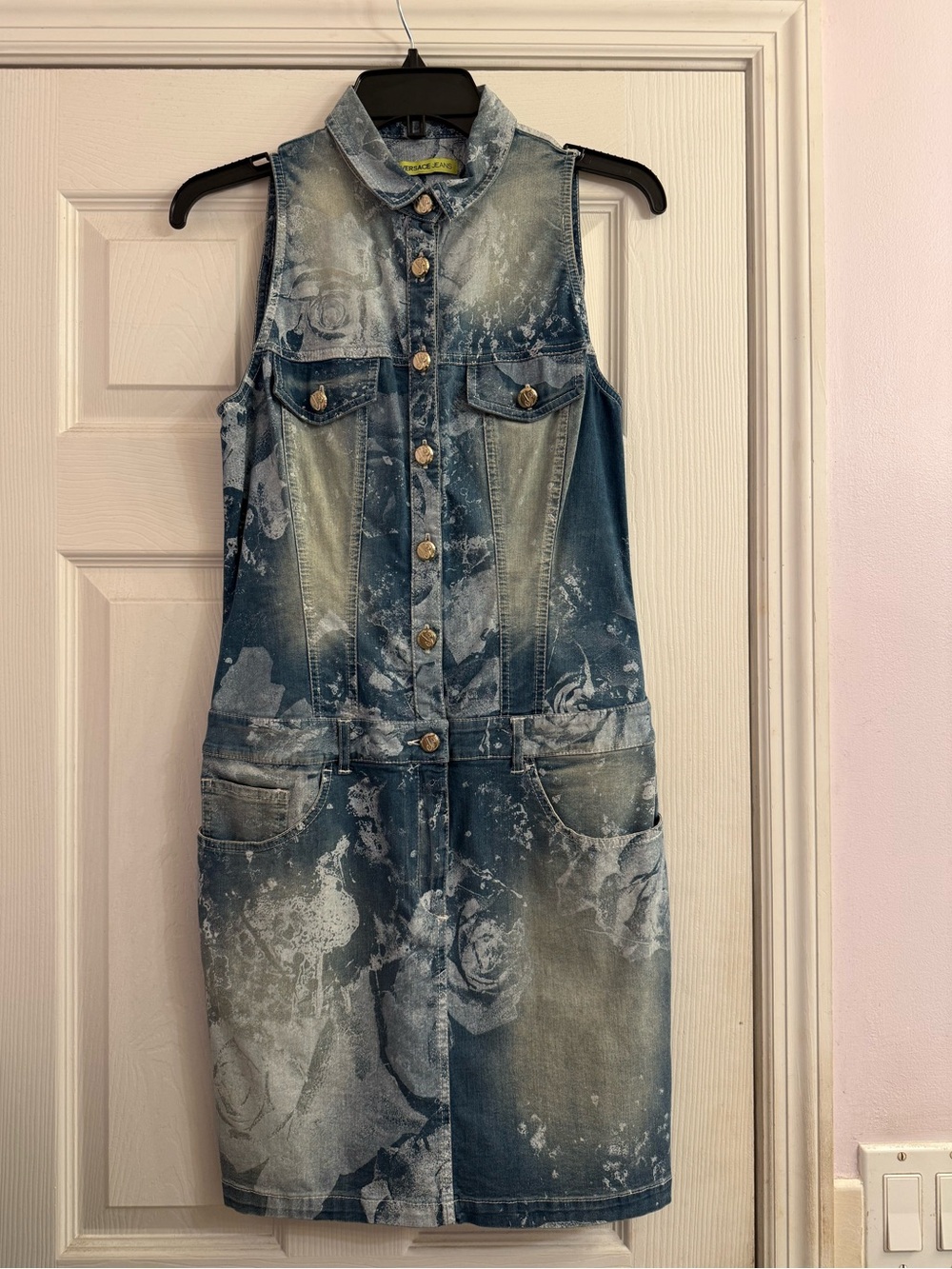Versace Jeans Acid Wash Jean Dress Bleach Splattered Rose Pattern Size 6